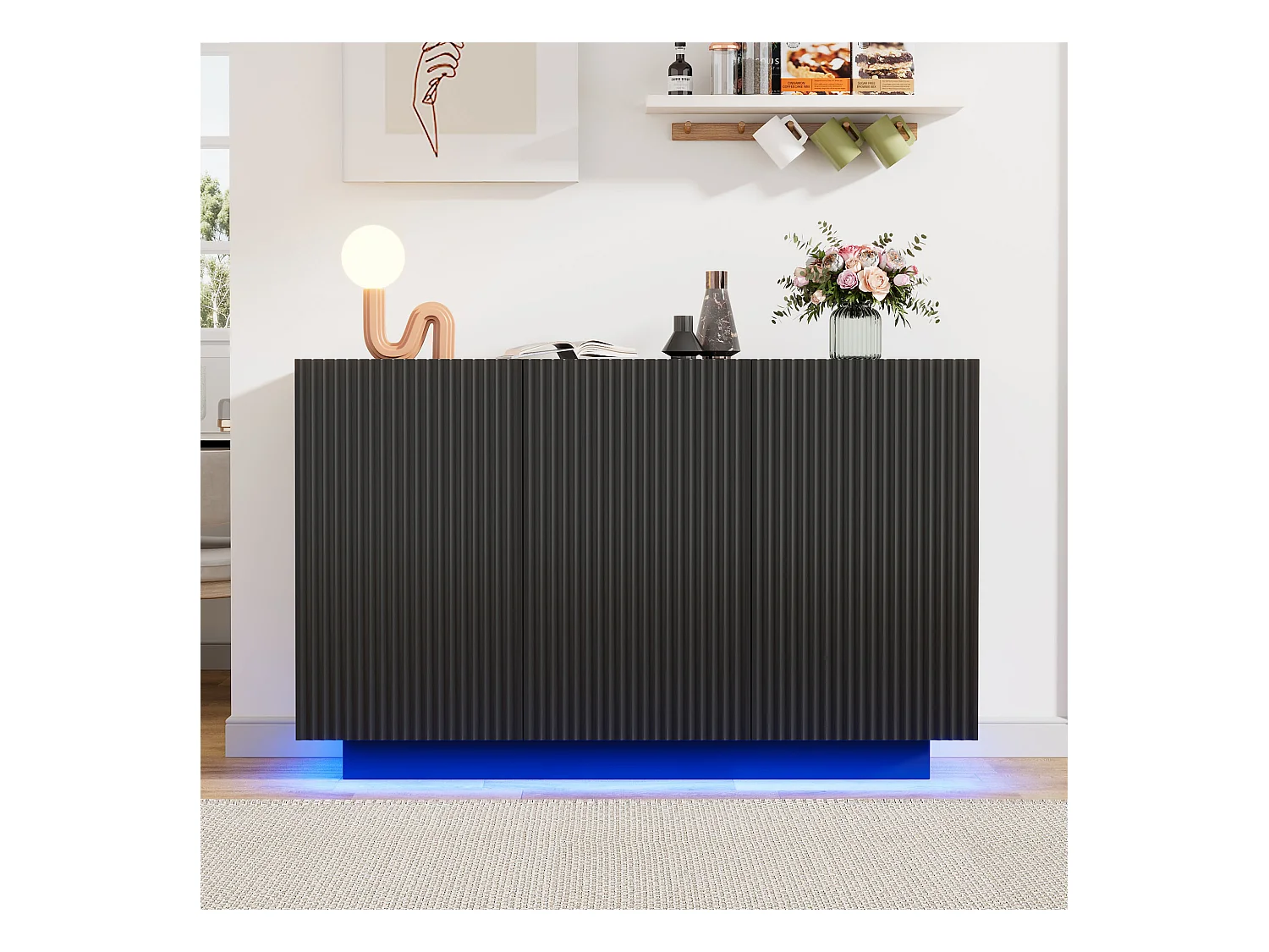 Bufet 120x40x75cm - z 3 drzwiami - z oświetleniem LED - Płyta wiórowa - czarny