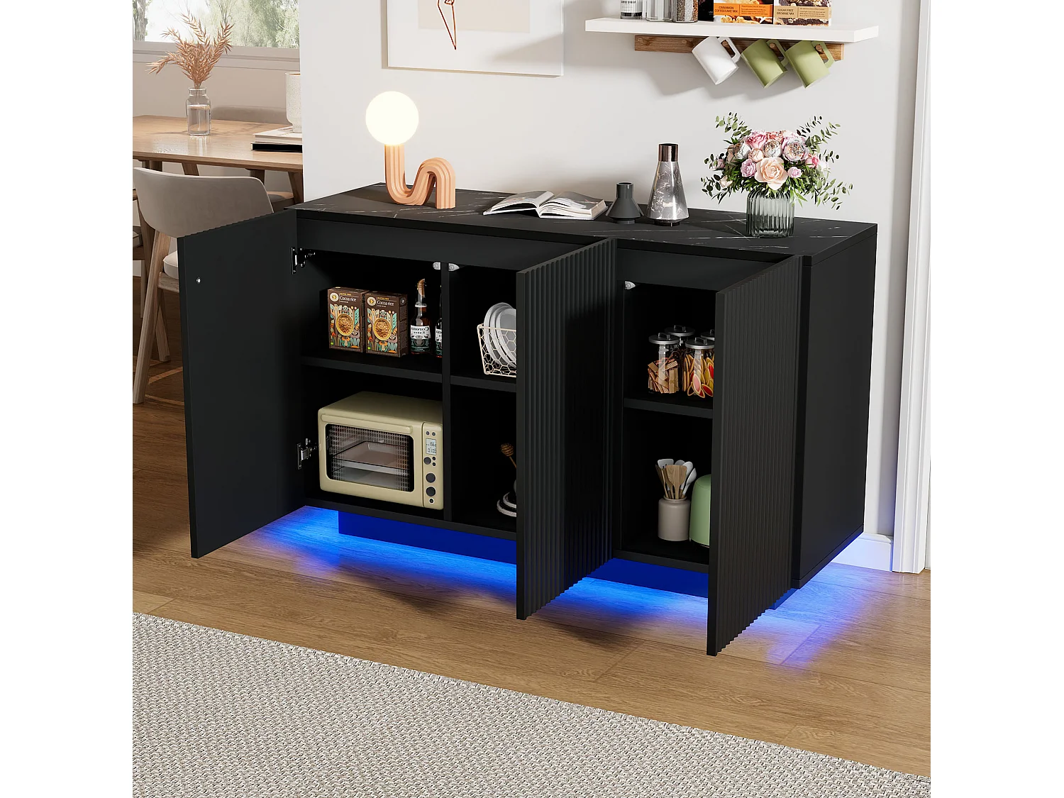 Bufet 120x40x75cm - z 3 drzwiami - z oświetleniem LED - Płyta wiórowa - czarny