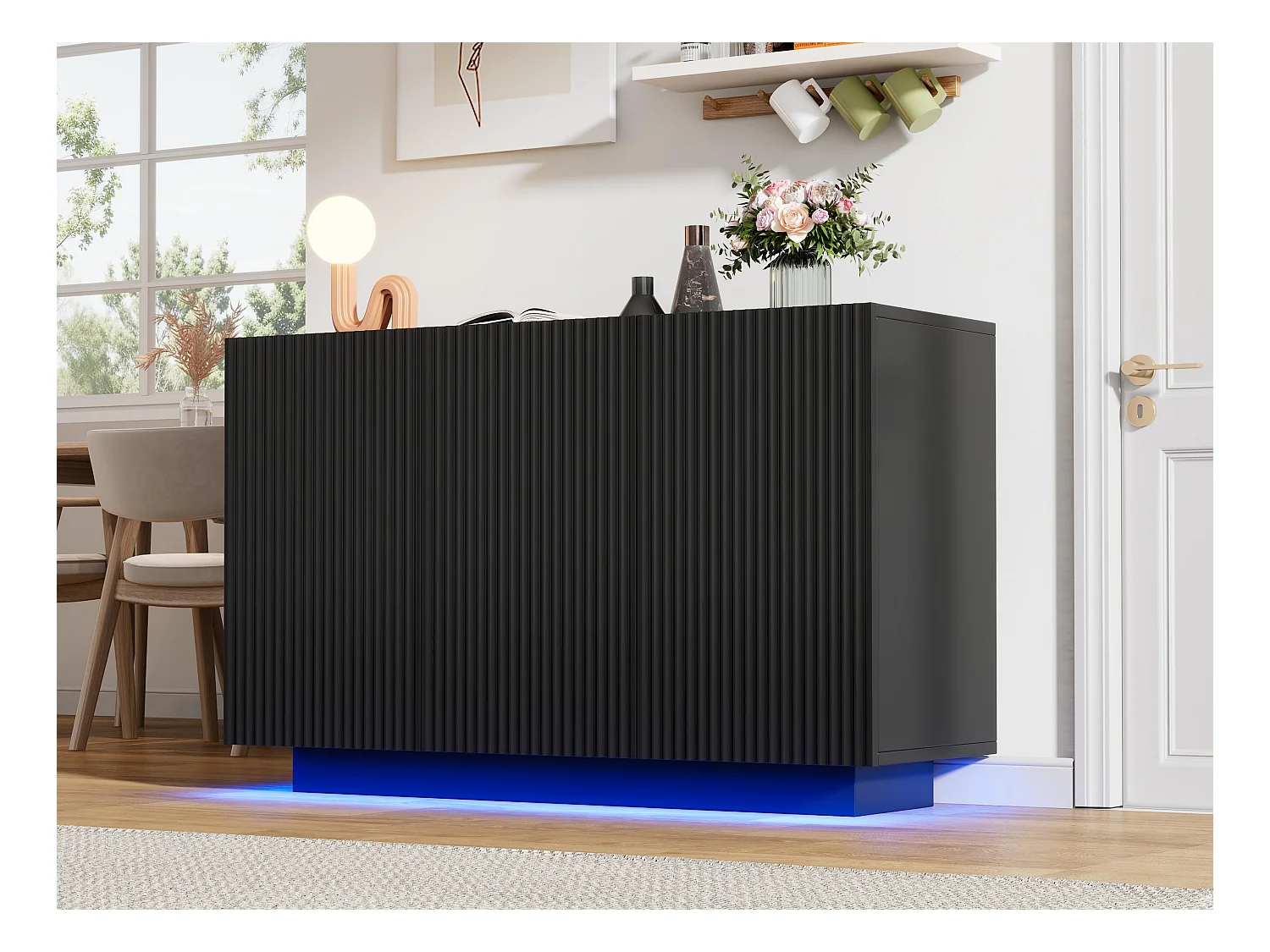Buffet 120x40x75cm - avec 3 portes - avec éclairage LED - Panneau de particules - noir