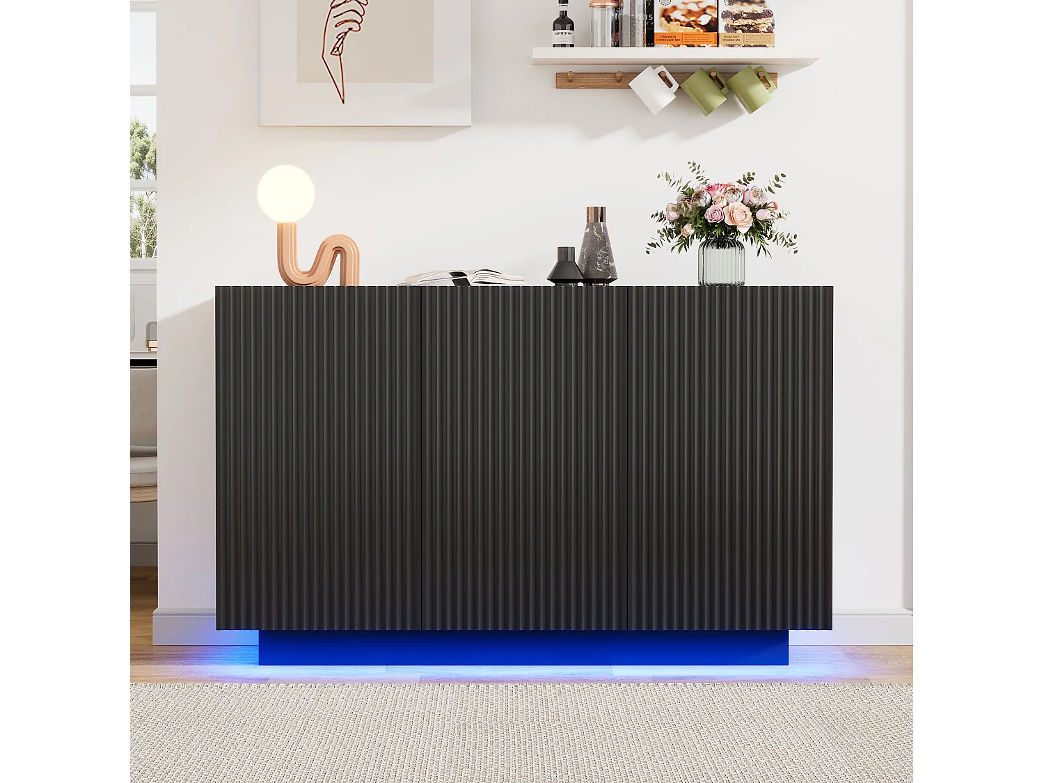 Buffet 120x40x75cm - avec 3 portes - avec éclairage LED - Panneau de particules - noir