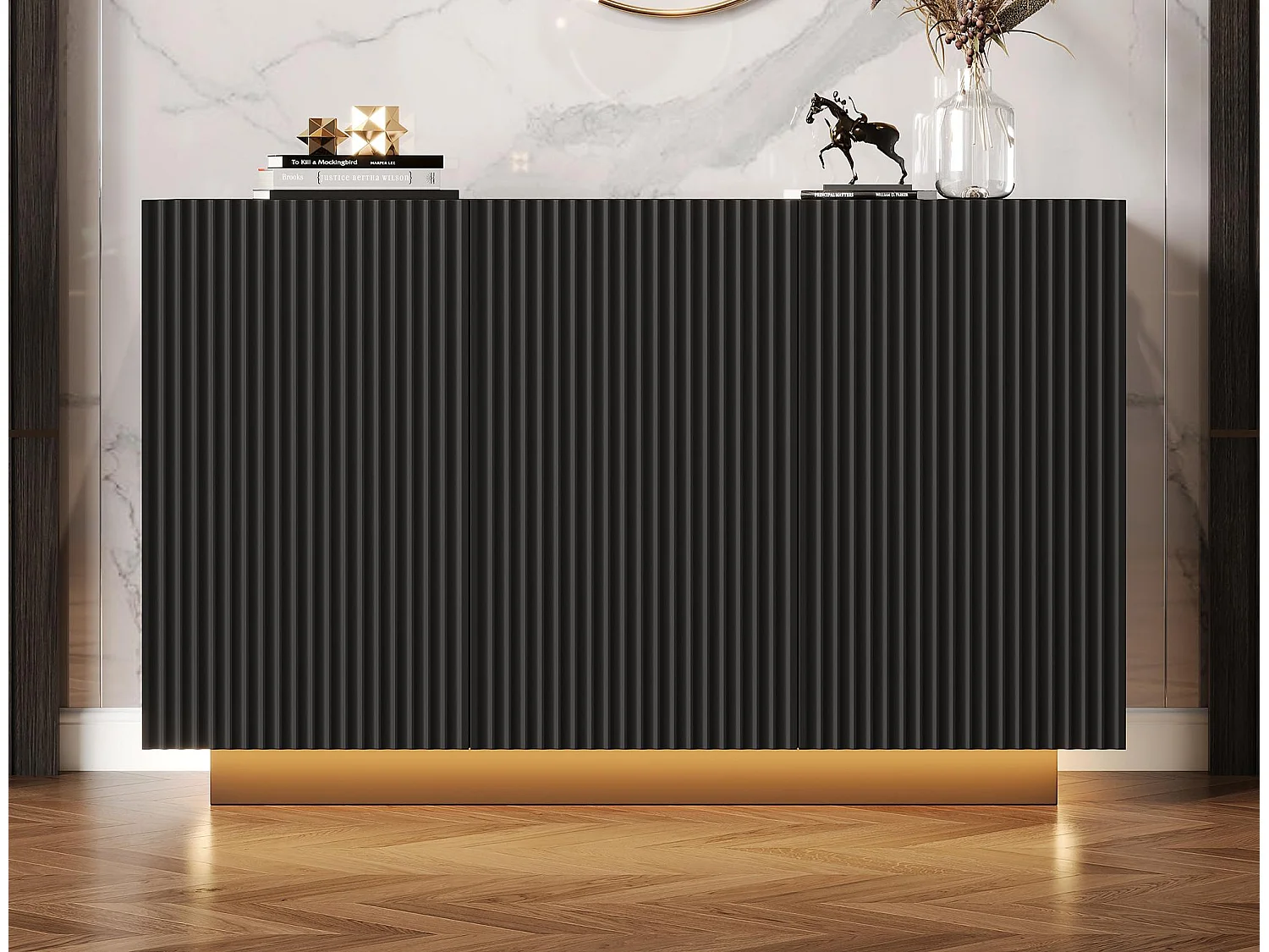Buffet 120x40x75cm - avec 3 portes - avec éclairage LED - Panneau de particules - noir