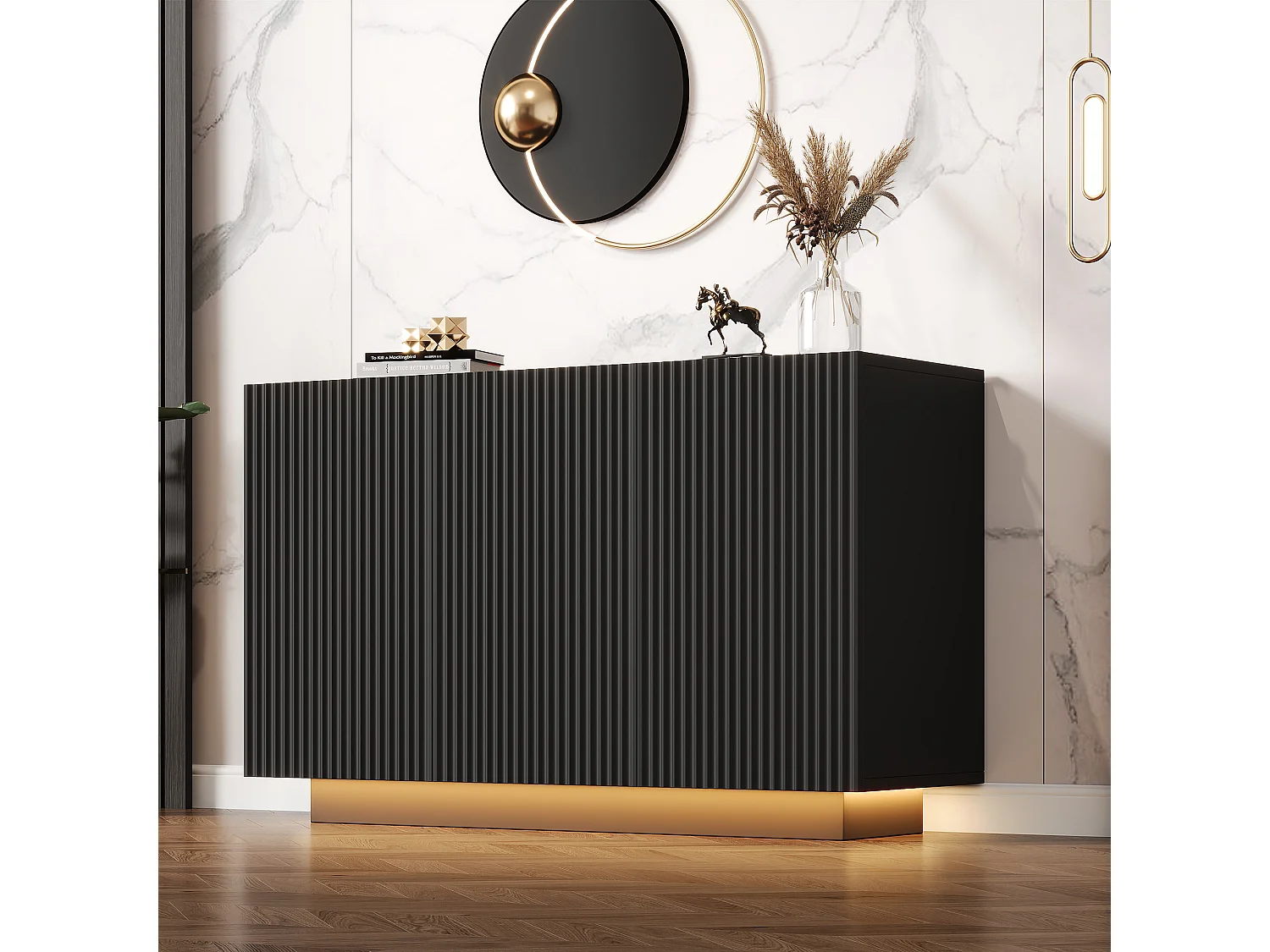 Buffet 120x40x75cm - avec 3 portes - avec éclairage LED - Panneau de particules - noir