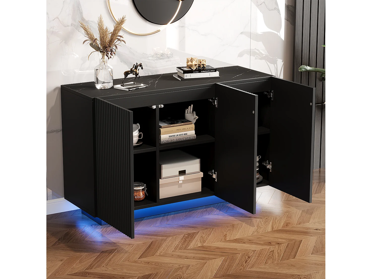 Buffet 120x40x75cm - avec 3 portes - avec éclairage LED - Panneau de particules - noir
