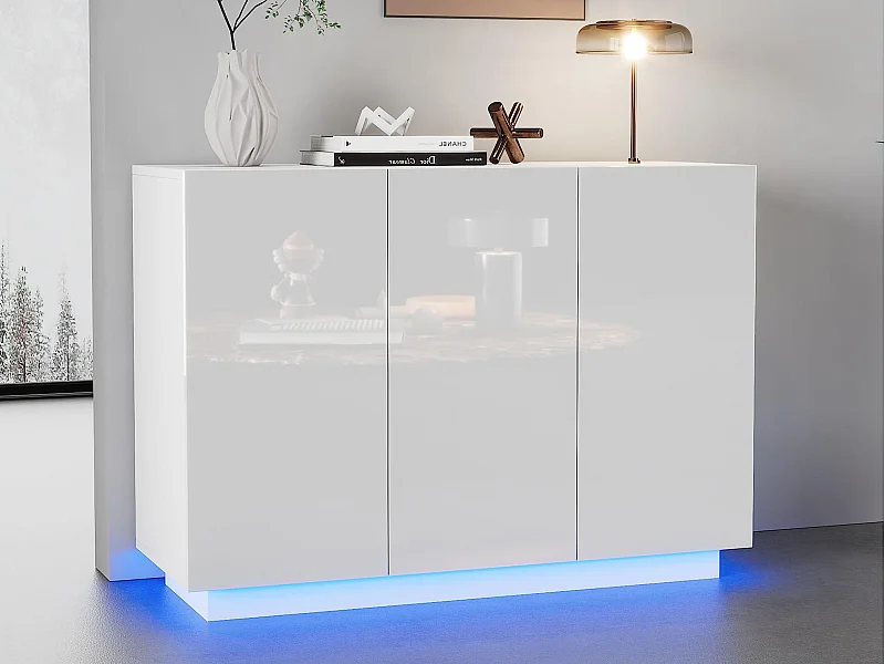 Anrichte 120x40x75 cm - mit LED-Beleuchtung - mit 3 Türen - Spanplatten - Weiß