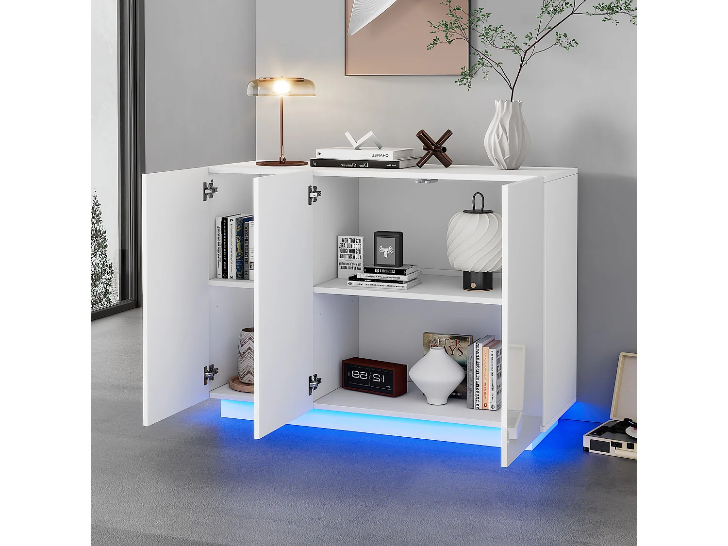 Bufet 120x40x75cm - z oświetleniem LED - z 3 drzwiami - Panele wiórowe - Biały