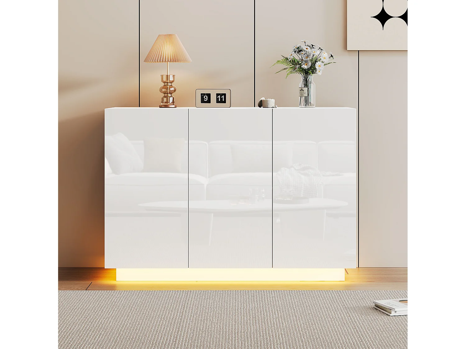 Bufet 120x40x75cm - z oświetleniem LED - z 3 drzwiami - Panele wiórowe - Biały