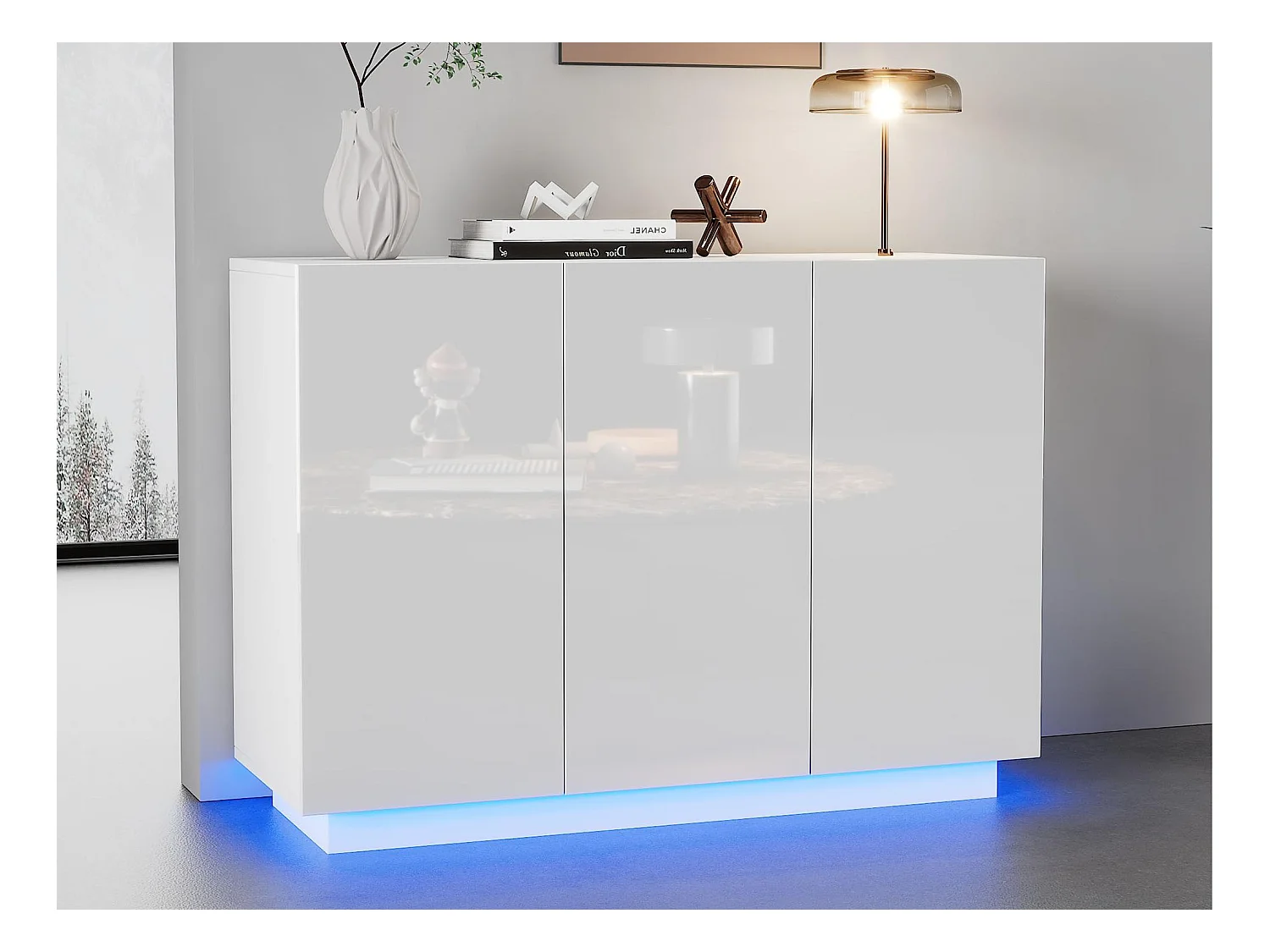 Buffet 120x40x75cm - avec éclairage LED - avec 3 portes - Panneaux de particules - Blanc