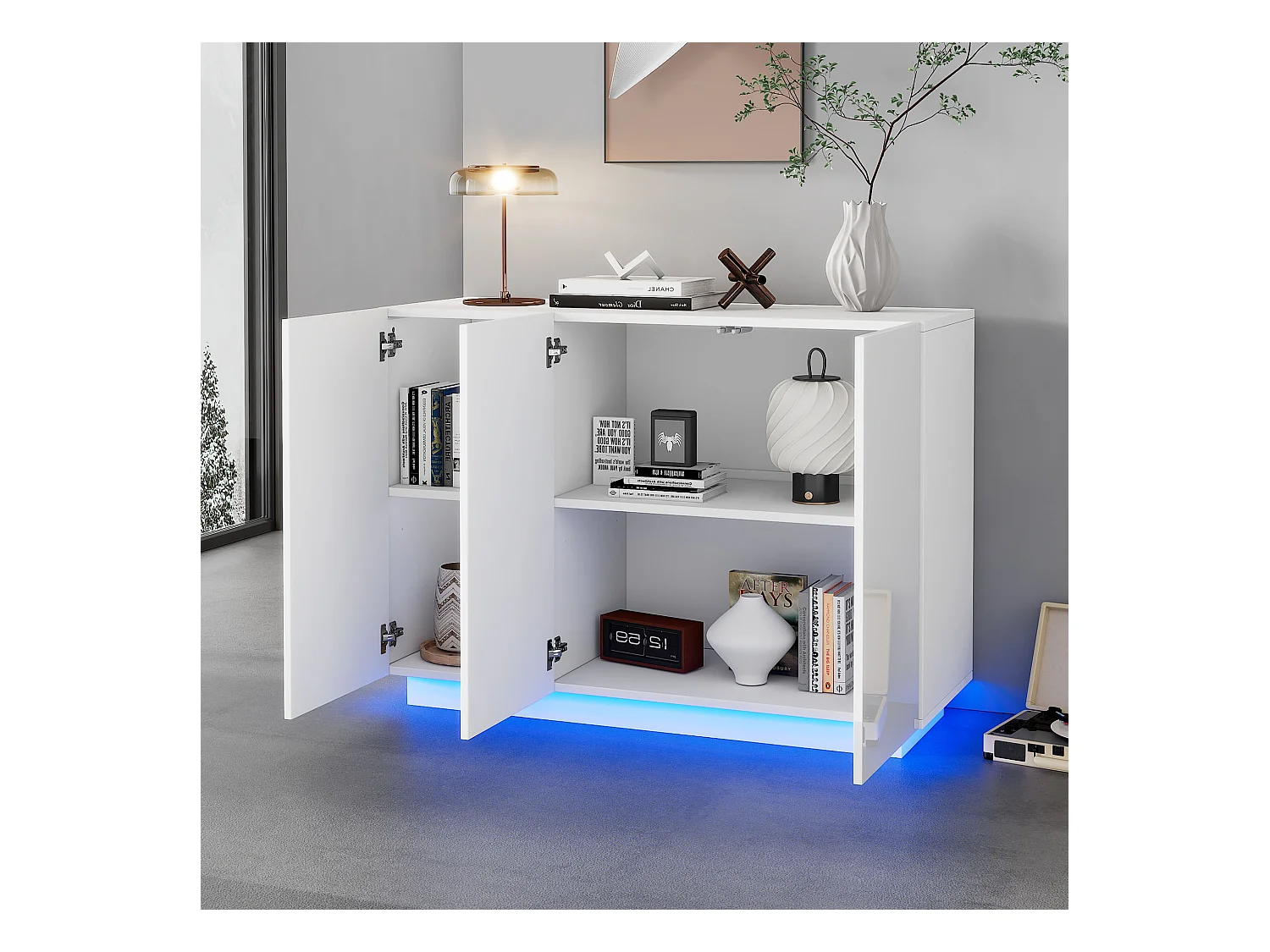 Buffet 120x40x75cm - avec éclairage LED - avec 3 portes - Panneaux de particules - Blanc