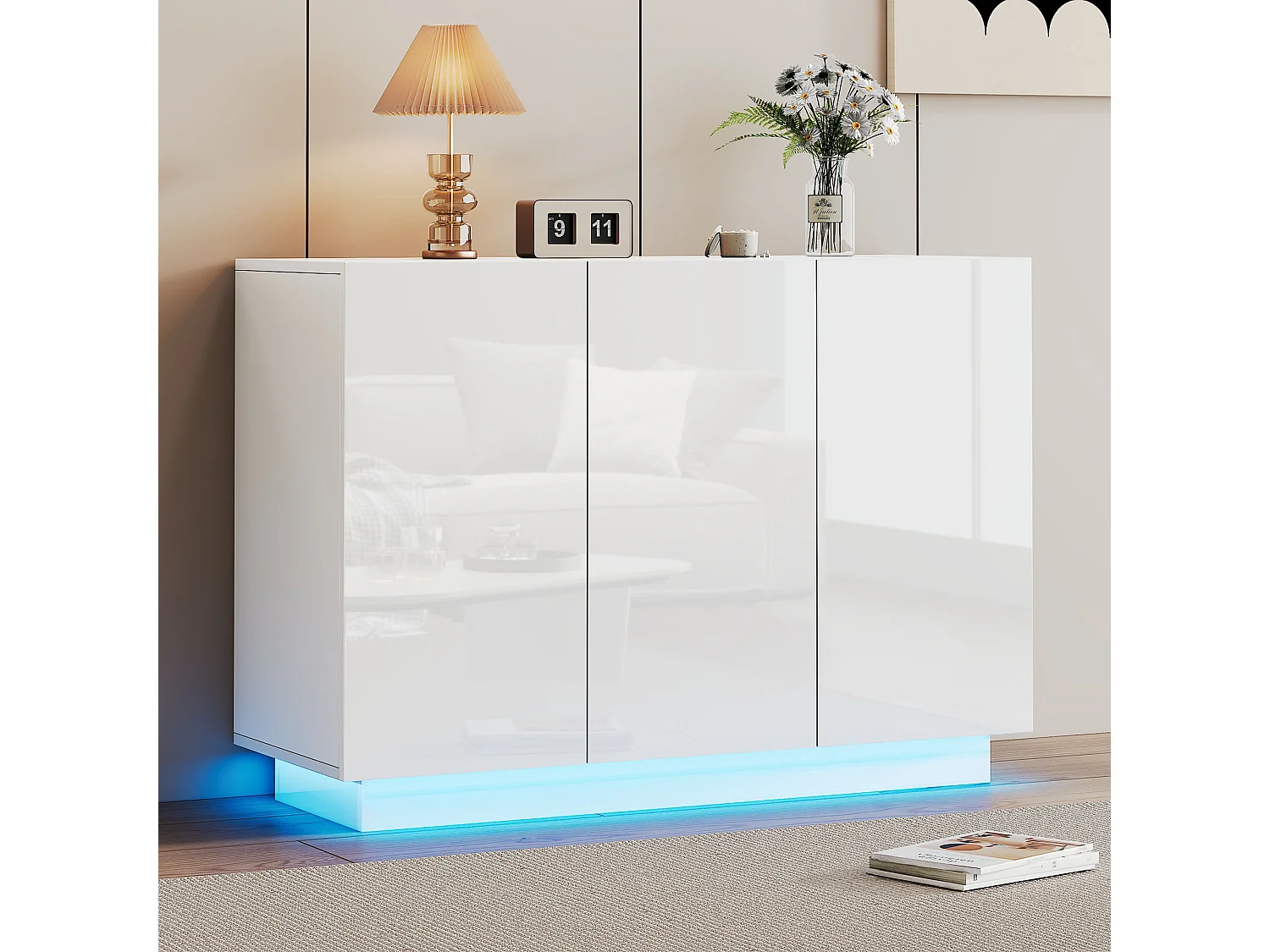 Buffet 120x40x75cm - avec éclairage LED - avec 3 portes - Panneaux de particules - Blanc