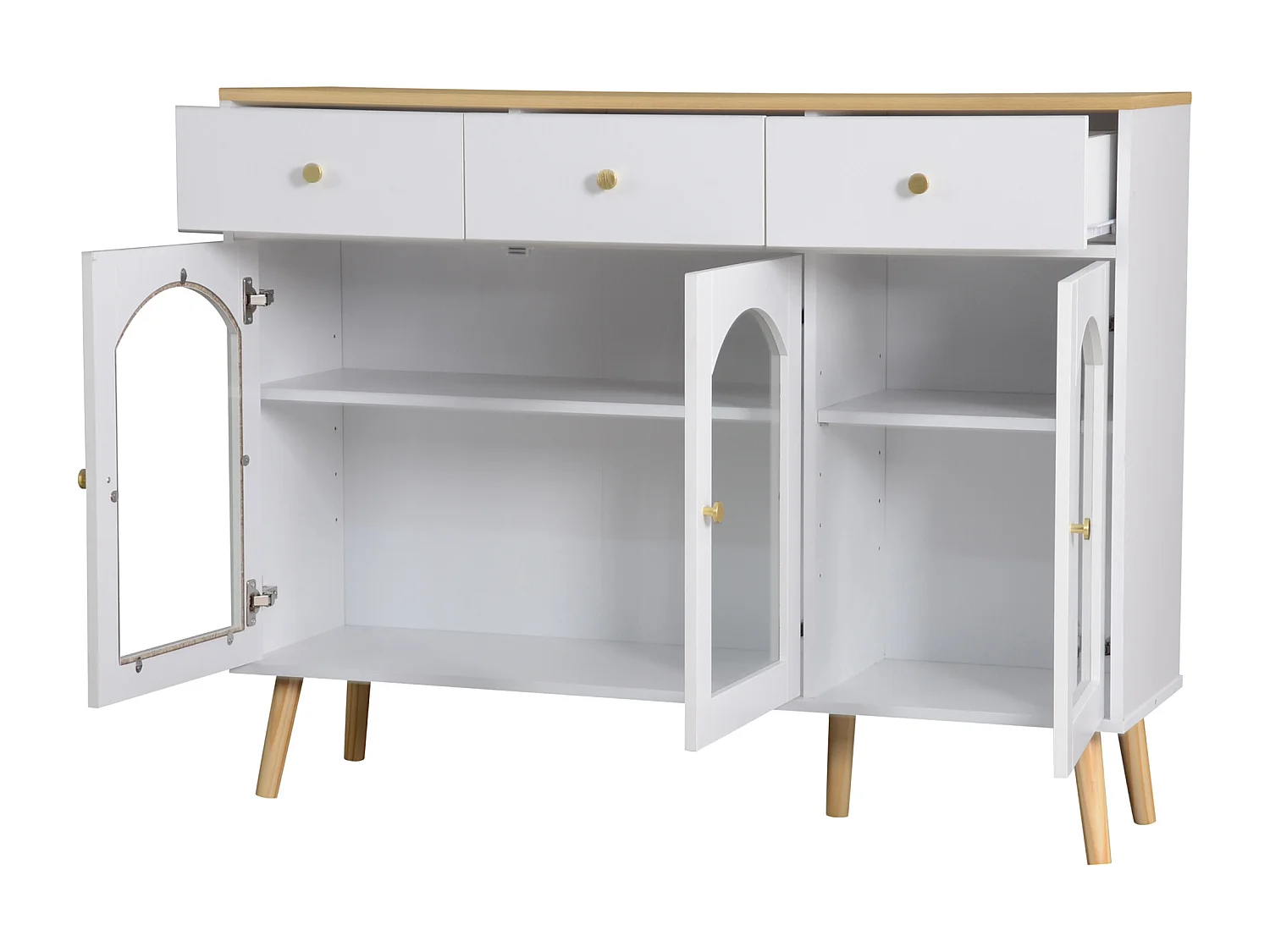 Buffet 34x120x94cm - avec 3 tiroirs - avec 3 portes galbées - avec verre trempé - blanc