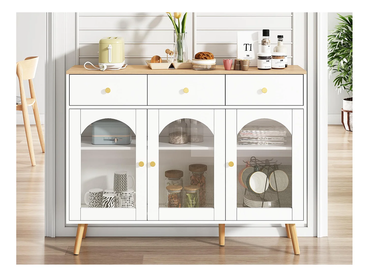 Buffet 34x120x94cm - avec 3 tiroirs - avec 3 portes galbées - avec verre trempé - blanc