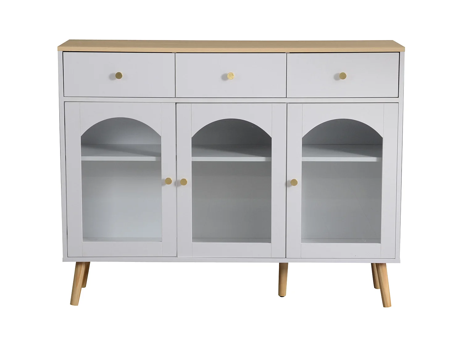 Buffet 34x120x94cm - avec 3 tiroirs - avec 3 portes galbées - avec verre trempé - blanc