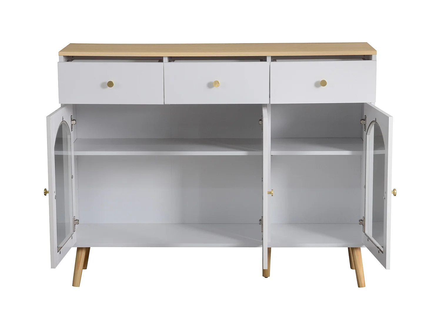 Buffet 34x120x94cm - avec 3 tiroirs - avec 3 portes galbées - avec verre trempé - blanc