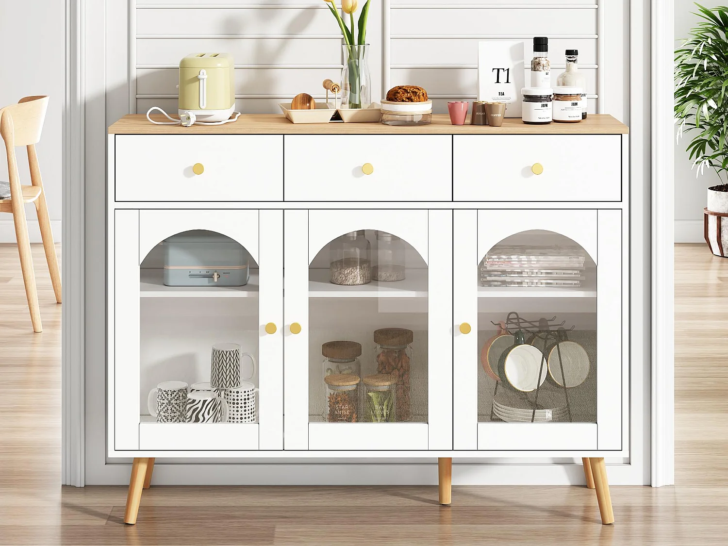 Buffet 34x120x94cm - avec 3 tiroirs - avec 3 portes galbées - avec verre trempé - blanc