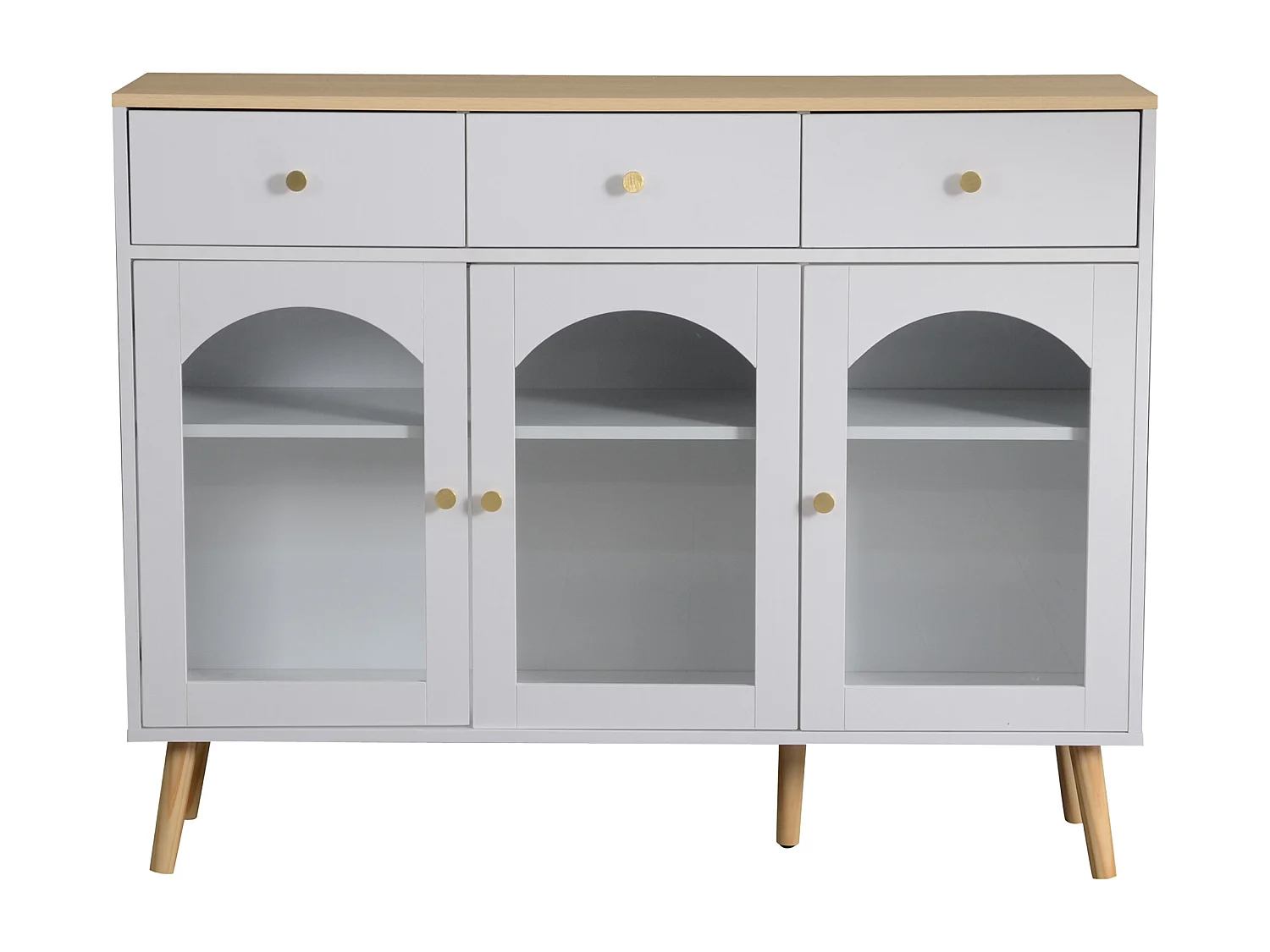 Buffet 34x120x94cm - avec 3 tiroirs - avec 3 portes galbées - avec verre trempé - blanc