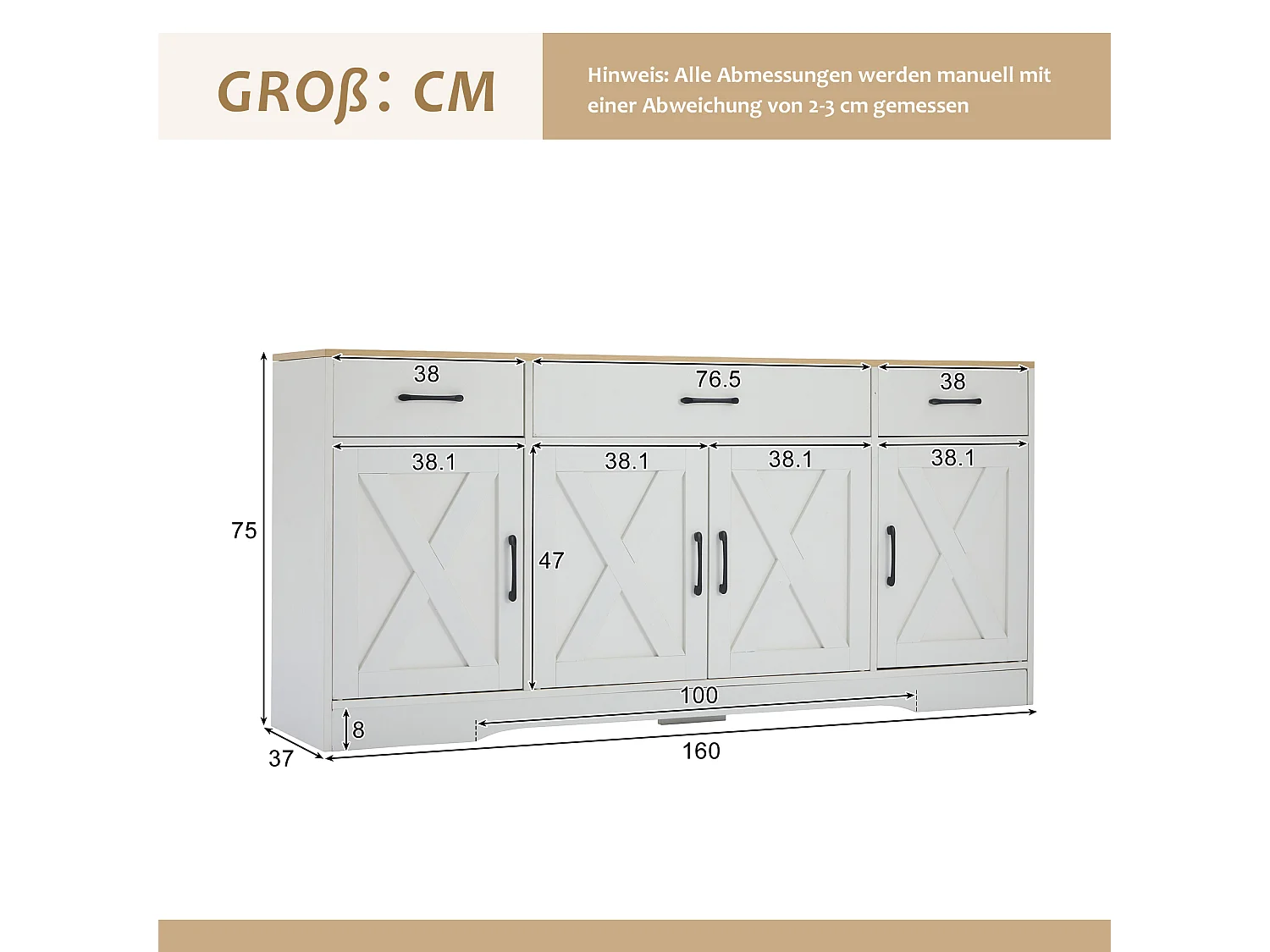 Buffet moderne 160x37x75 cm - avec 3 tiroirs - avec 4 portes - blanc