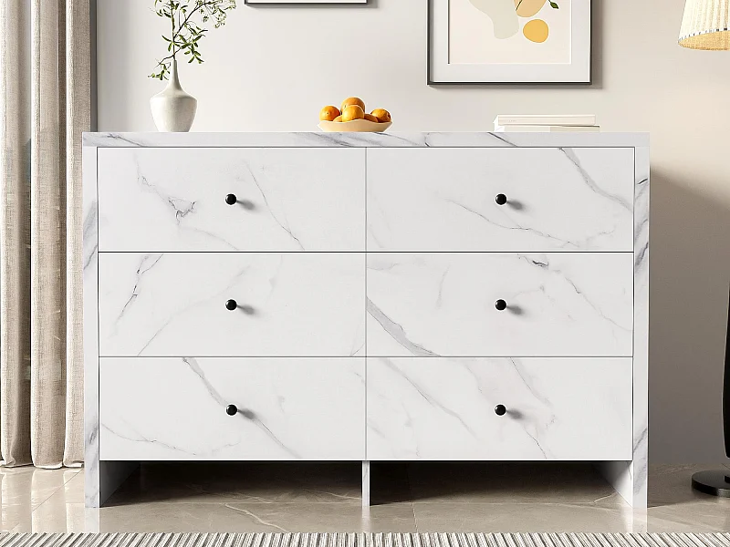 Buffet 120x40x80cm - aspect marbre - avec 6 tiroirs - poignées en bois noir - dispositif anti-basculement - blanc