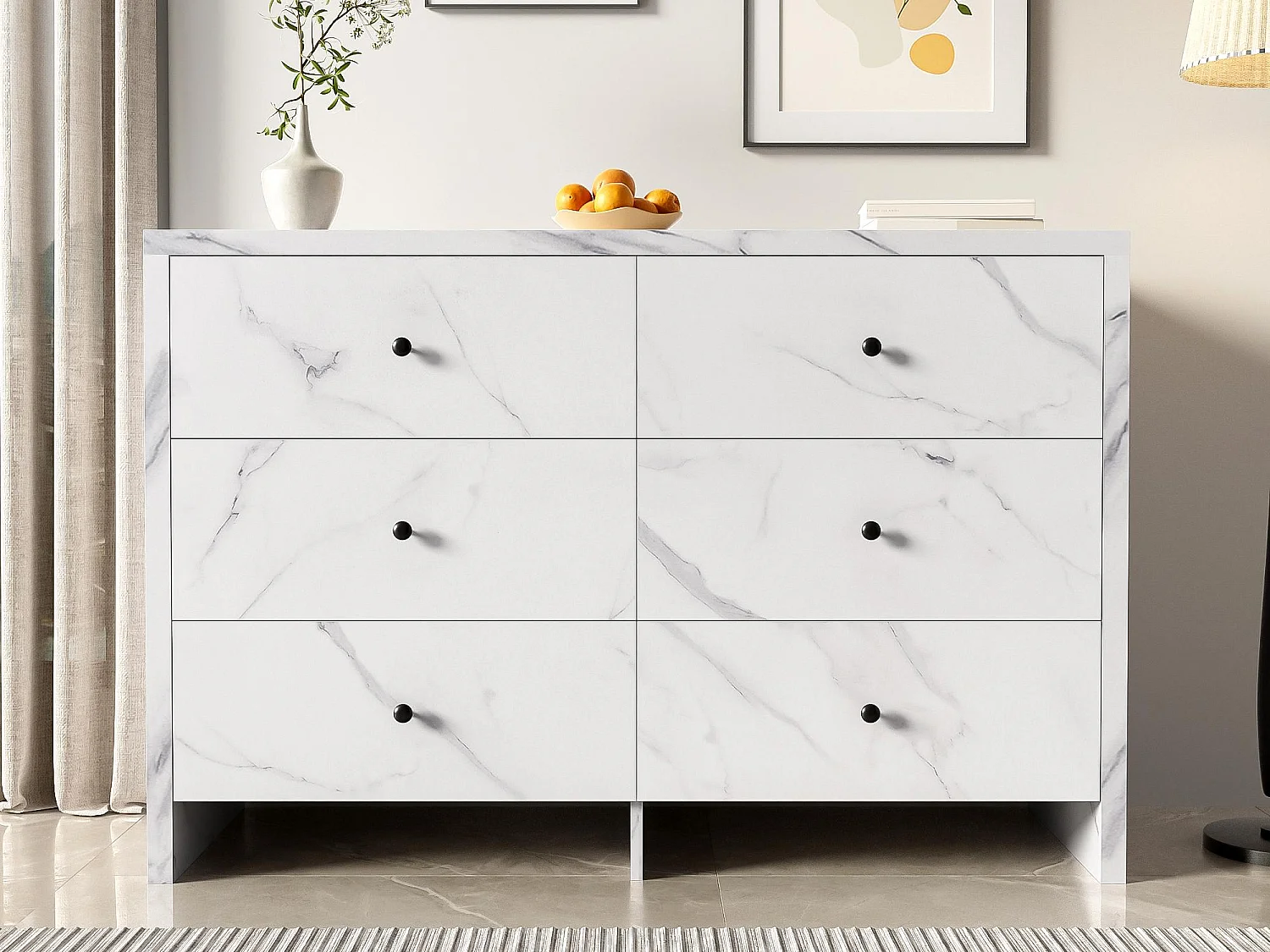 Buffet 120x40x80 cm - acabado mármol - con 6 cajones - tiradores de madera negra - sistema anti-vuelco - blanco