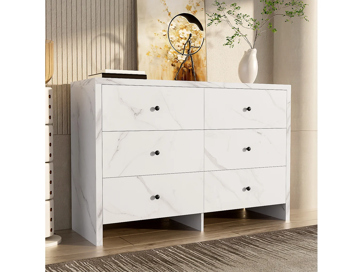 Buffet 120x40x80 cm - acabado mármol - con 6 cajones - tiradores de madera negra - sistema anti-vuelco - blanco