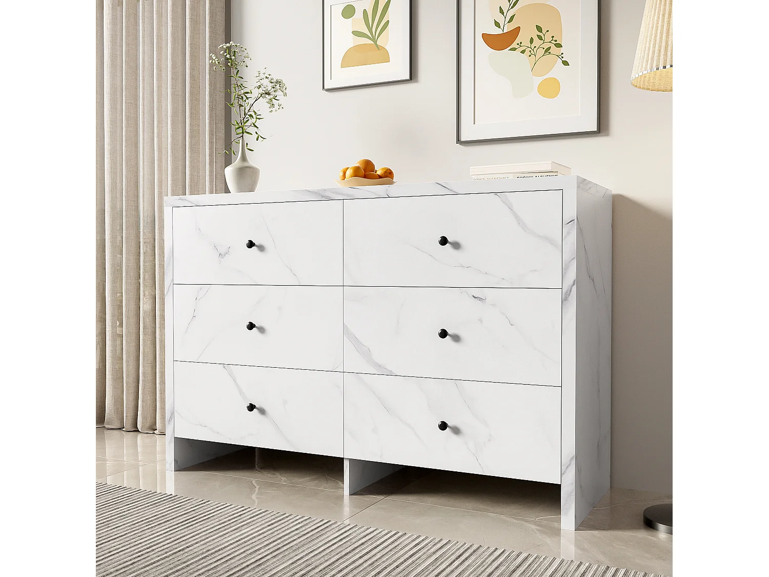 Buffet 120x40x80 cm - acabado mármol - con 6 cajones - tiradores de madera negra - sistema anti-vuelco - blanco