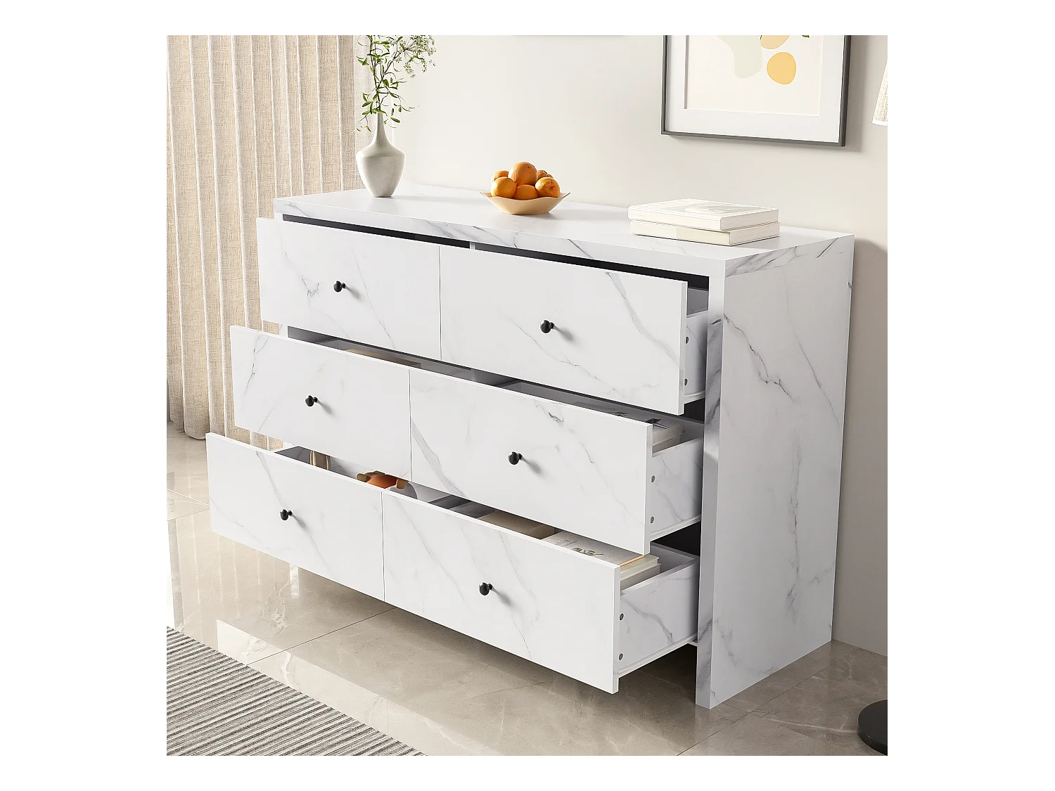 Buffet 120x40x80cm - aspect marbre - avec 6 tiroirs - poignées en bois noir - dispositif anti-basculement - blanc