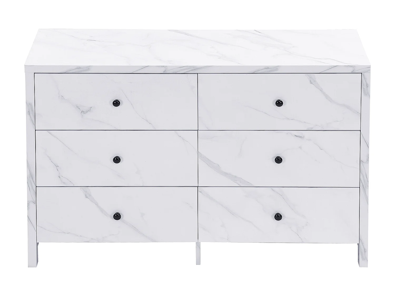Buffet 120x40x80cm - aspect marbre - avec 6 tiroirs - poignées en bois noir - dispositif anti-basculement - blanc