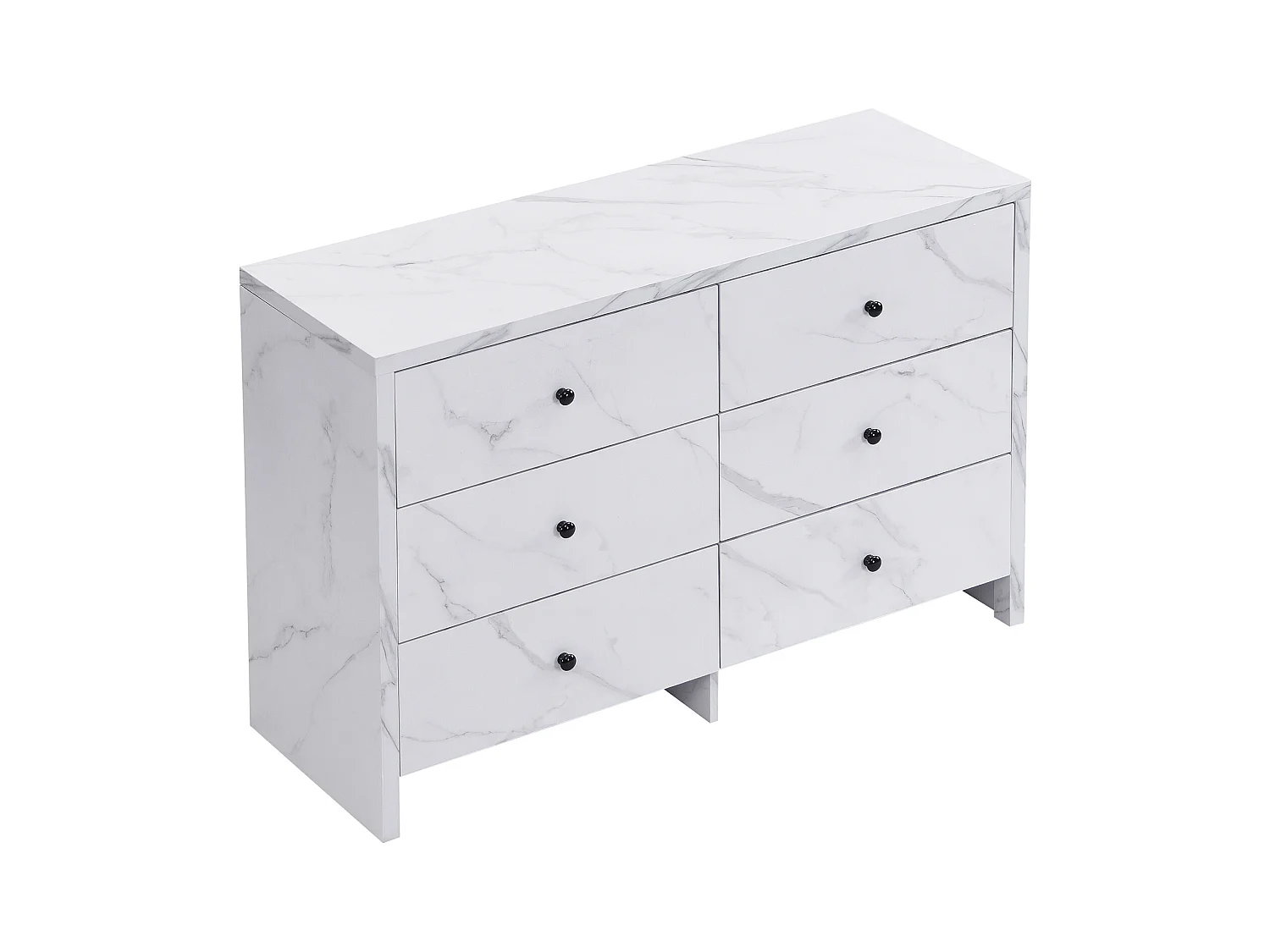 Buffet 120x40x80cm - aspect marbre - avec 6 tiroirs - poignées en bois noir - dispositif anti-basculement - blanc