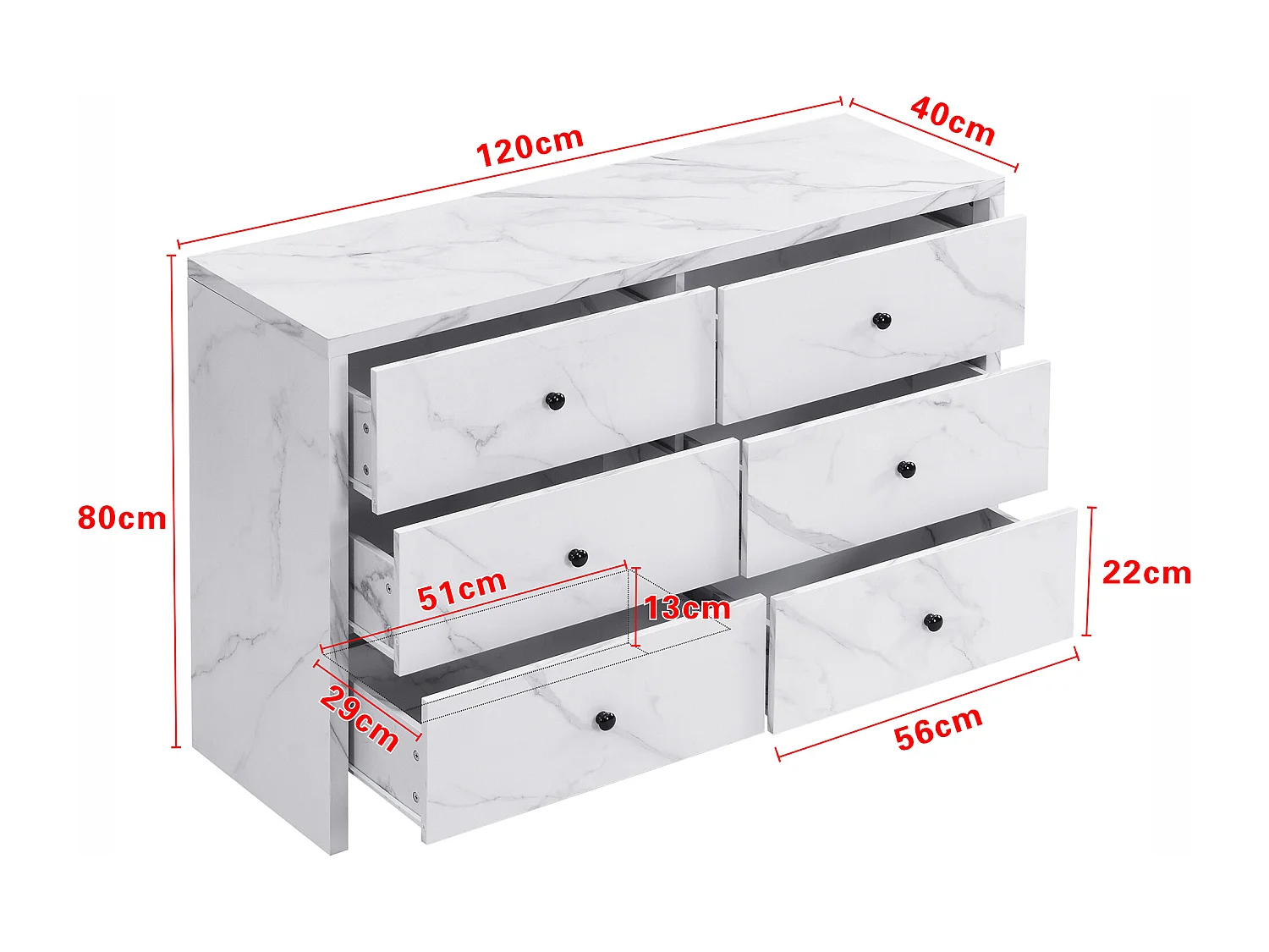 Buffet 120x40x80 cm - effetto marmo - con 6 cassetti - maniglie in legno nero - dispositivo anti-ribaltamento - bianco