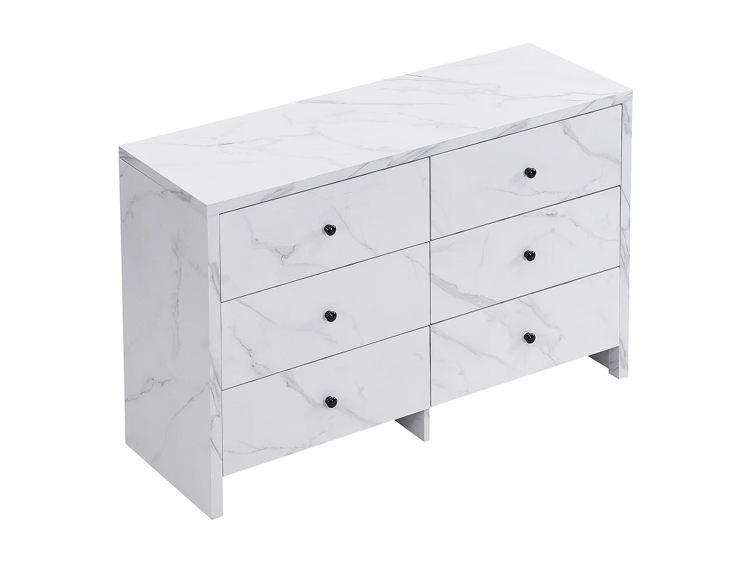 Buffet 120x40x80 cm - effetto marmo - con 6 cassetti - maniglie in legno nero - dispositivo anti-ribaltamento - bianco