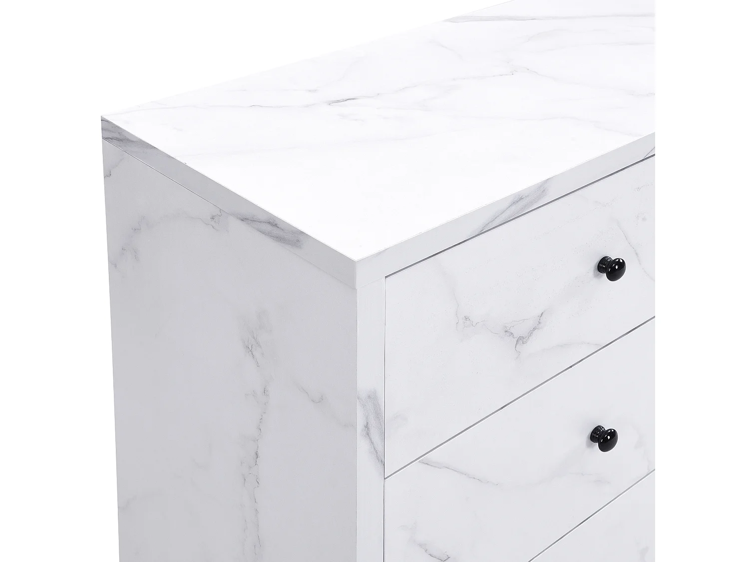 Buffet 120x40x80 cm - effetto marmo - con 6 cassetti - maniglie in legno nero - dispositivo anti-ribaltamento - bianco