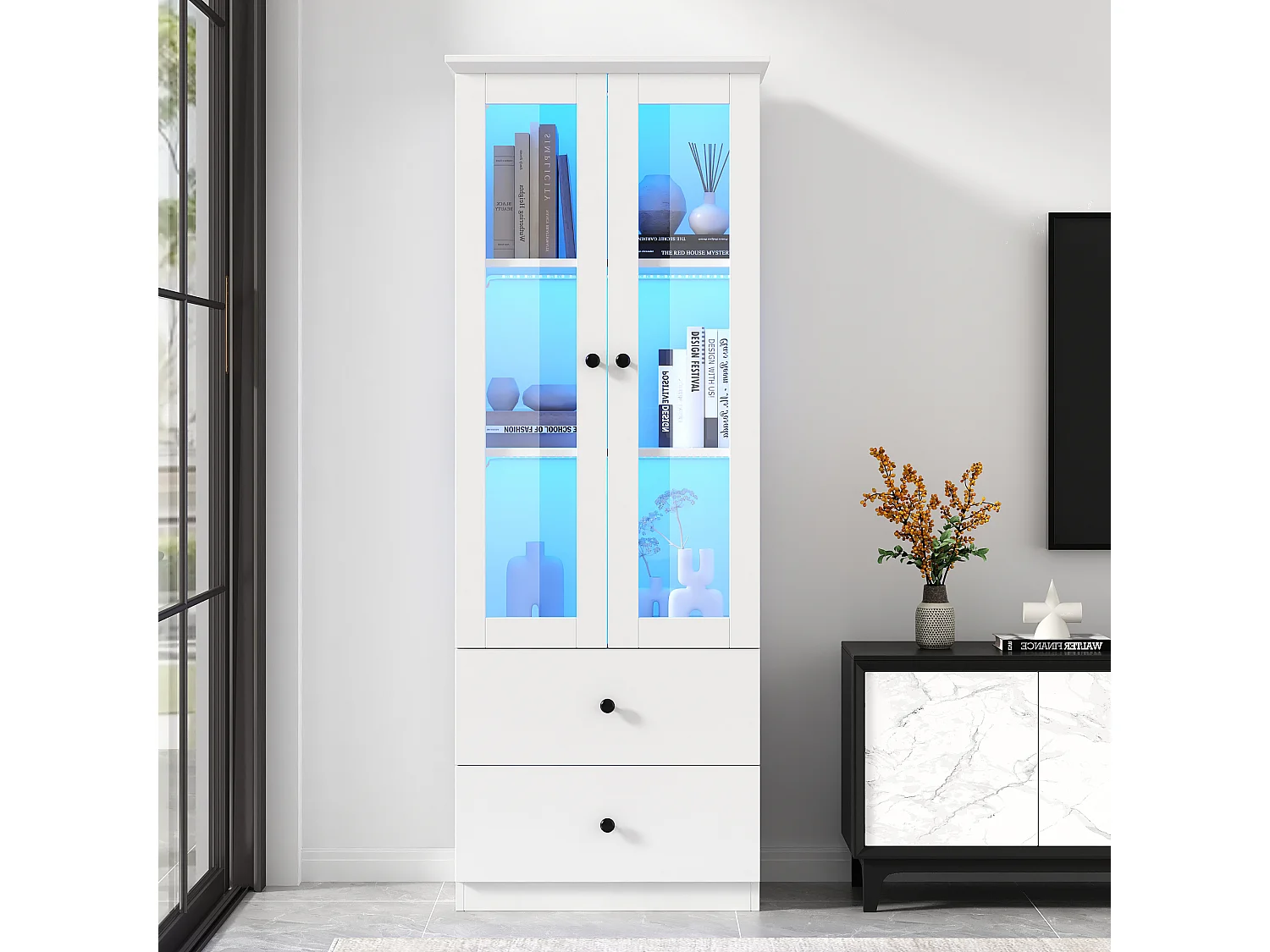 Vitrine LED moderne 60x35x165cm - avec port USB - Télécommande 16 couleurs - avec 2 tiroirs - avec 2 portes vitrées - Blanc