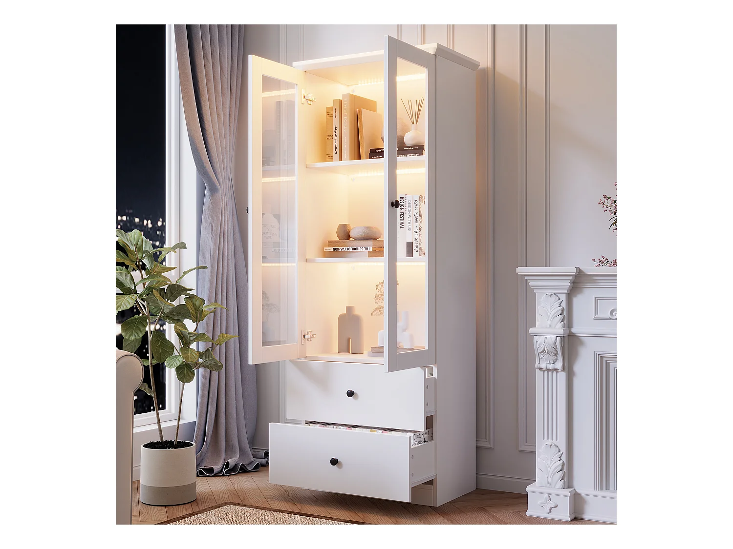 Vitrine LED moderne 60x35x165cm - avec port USB - Télécommande 16 couleurs - avec 2 tiroirs - avec 2 portes vitrées - Blanc