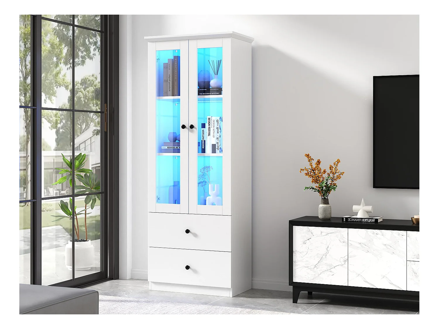 Vitrine LED moderne 60x35x165cm - avec port USB - Télécommande 16 couleurs - avec 2 tiroirs - avec 2 portes vitrées - Blanc