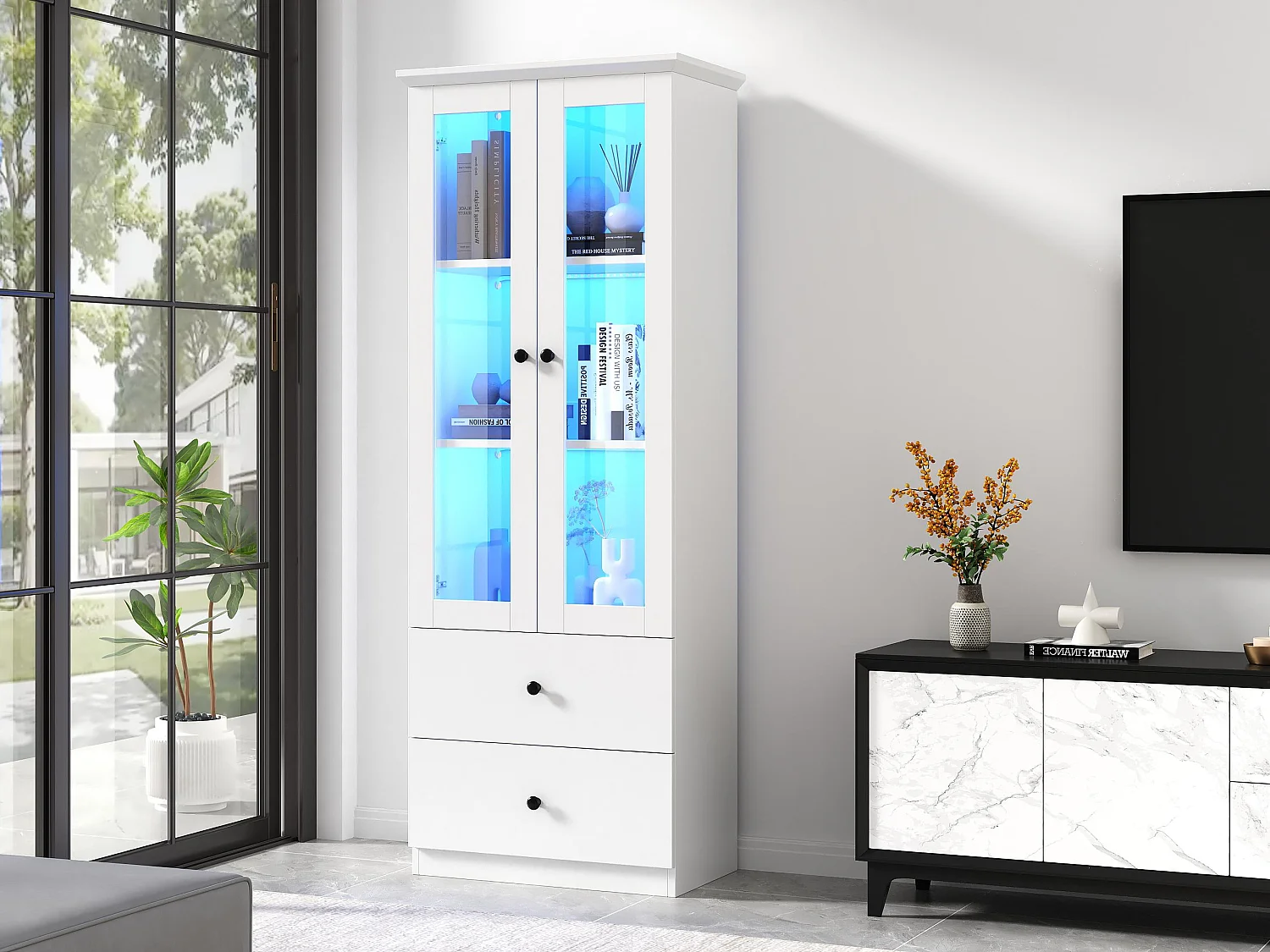 Vitrine LED moderne 60x35x165cm - avec port USB - Télécommande 16 couleurs - avec 2 tiroirs - avec 2 portes vitrées - Blanc