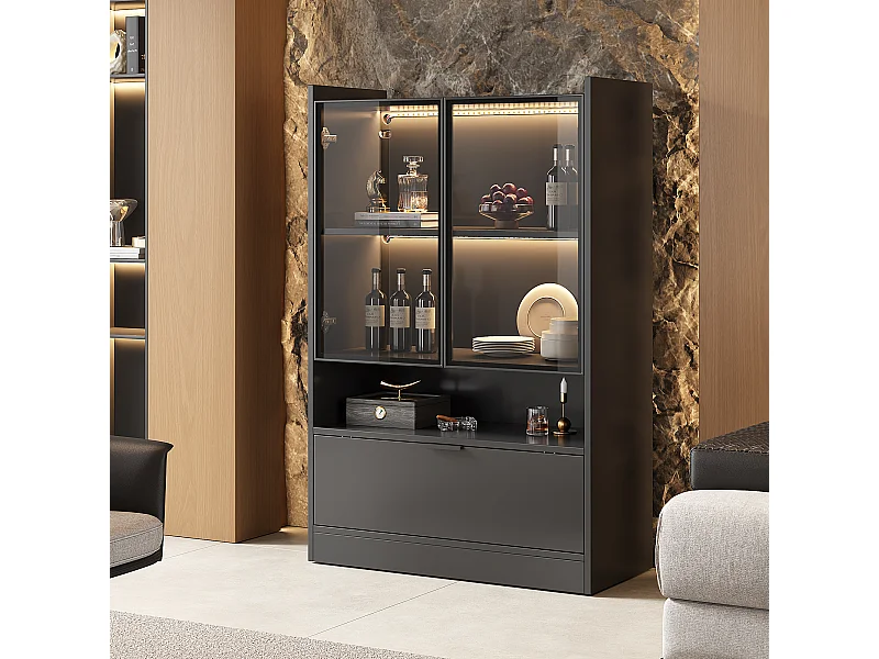 Vitrine LED moderne 80x120x35cm- avec éclairage LED 16 couleurs - avec 2 portes vitrées - avec compartiments de rangement - Noir