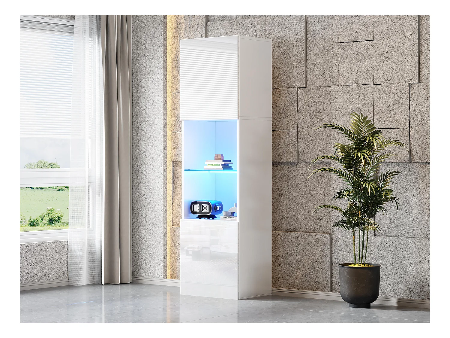 Vitrine 45x35x160cm - avec 2 ports - avec éclairage LED - 1 étagère en verre - blanc