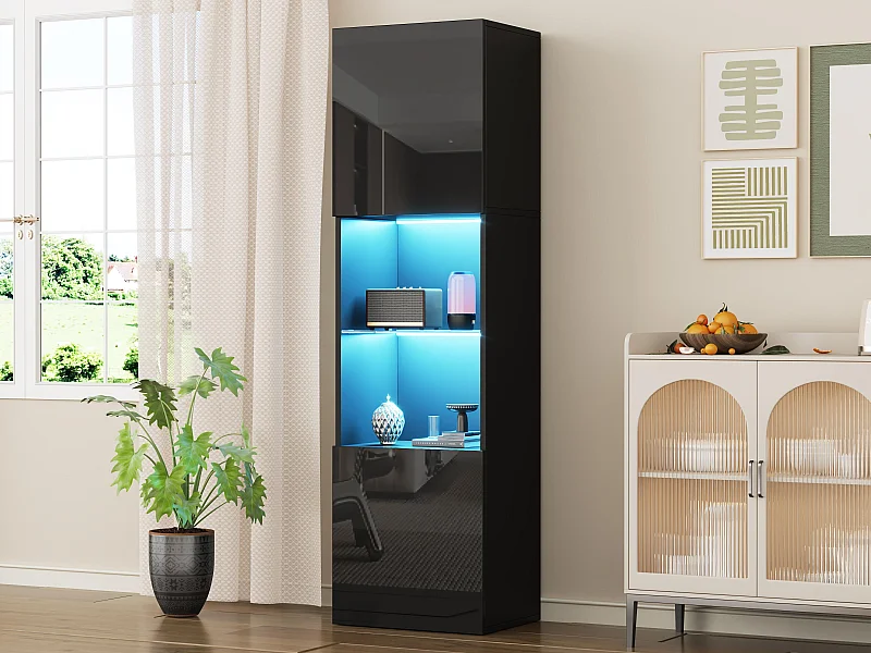 Vetrina 45x35x160 cm - con 2 porte - con illuminazione LED - 1 ripiano in vetro - Nero