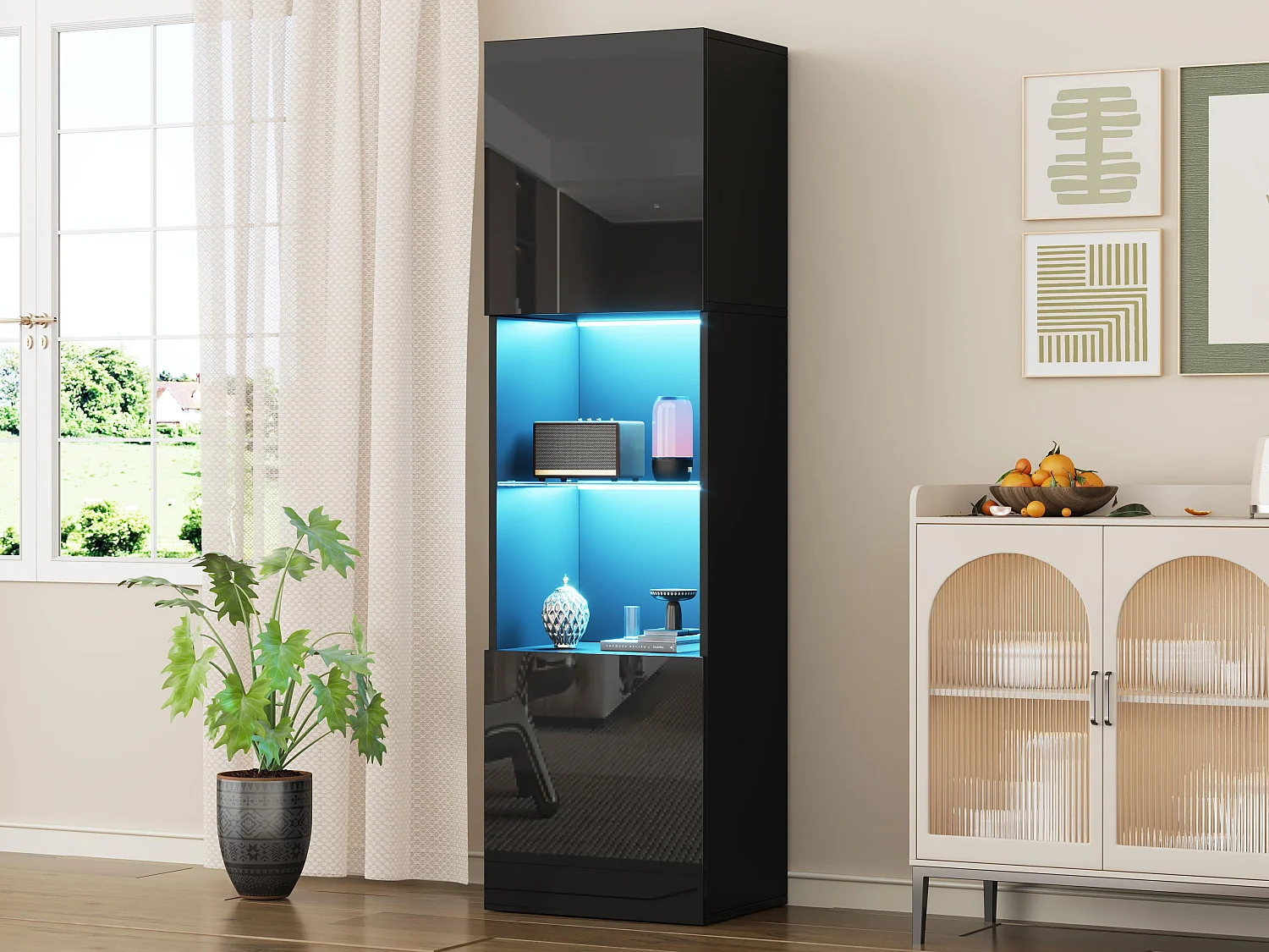 Vetrina 45x35x160 cm - con 2 porte - con illuminazione LED - 1 ripiano in vetro - Nero