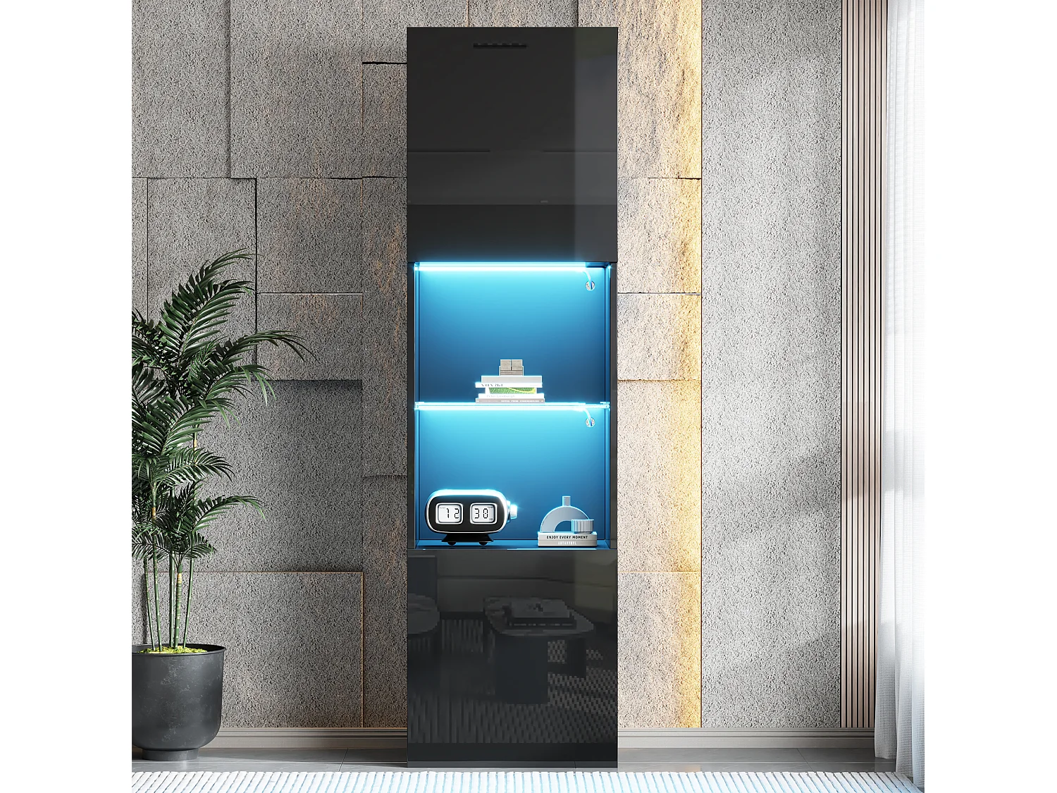 Vetrina 45x35x160 cm - con 2 porte - con illuminazione LED - 1 ripiano in vetro - Nero