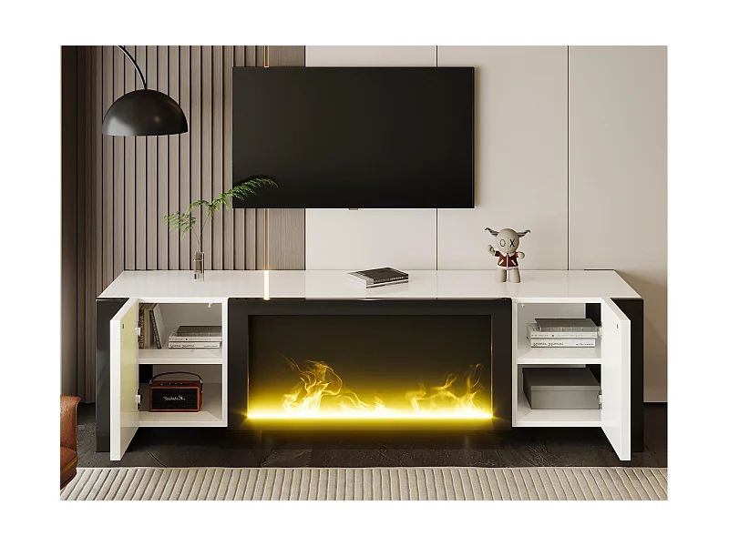 Meble TV 165x32x55 cm - 2 drzwi - Z kominkiem elektrycznym efekt płomienia - Bez ogrzewania - Biały + Czarny