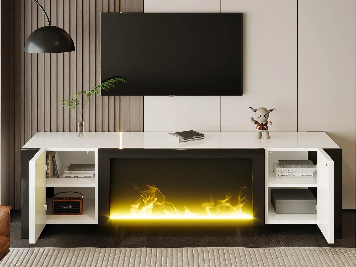 Meble TV 165x32x55 cm - 2 drzwi - Z kominkiem elektrycznym efekt płomienia - Bez ogrzewania - Biały + Czarny