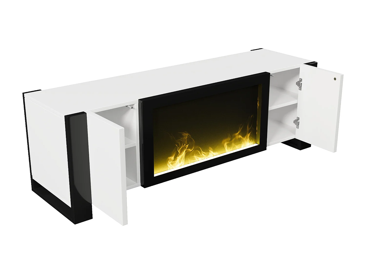 Meble TV 165x32x55 cm - 2 drzwi - Z kominkiem elektrycznym efekt płomienia - Bez ogrzewania - Biały + Czarny