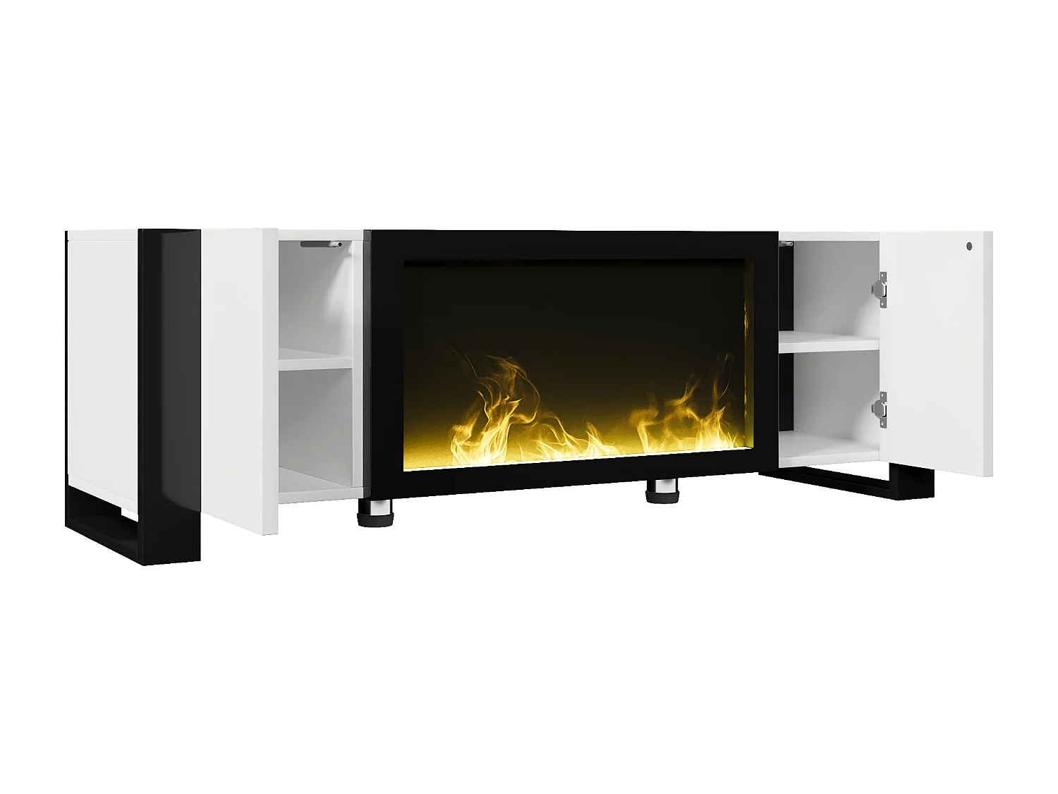 Meuble TV165x32x55xcm - 2 portes - Avec cheminée électrique effet flamme - Sans chauffage - Blanc + Noir