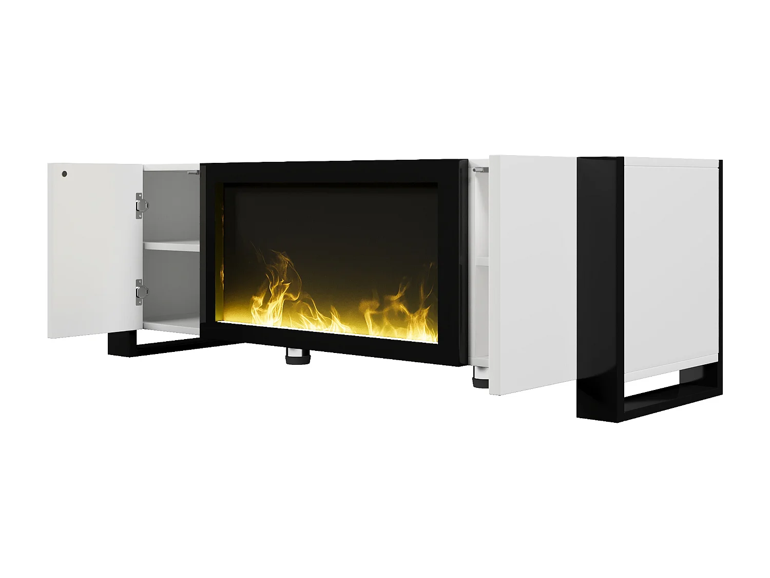 Meuble TV165x32x55xcm - 2 portes - Avec cheminée électrique effet flamme - Sans chauffage - Blanc + Noir