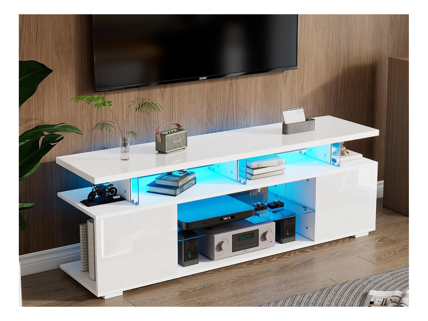 Meuble TV 40x150x53cm - avec éclairage LED - étagères - pour TV 60" - blanc