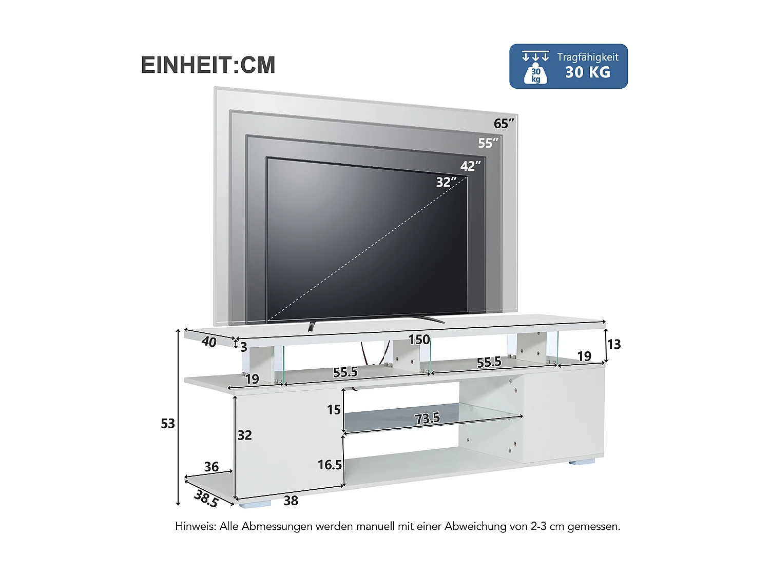 Meuble TV 40x150x53cm - avec éclairage LED - étagères - pour TV 60" - blanc