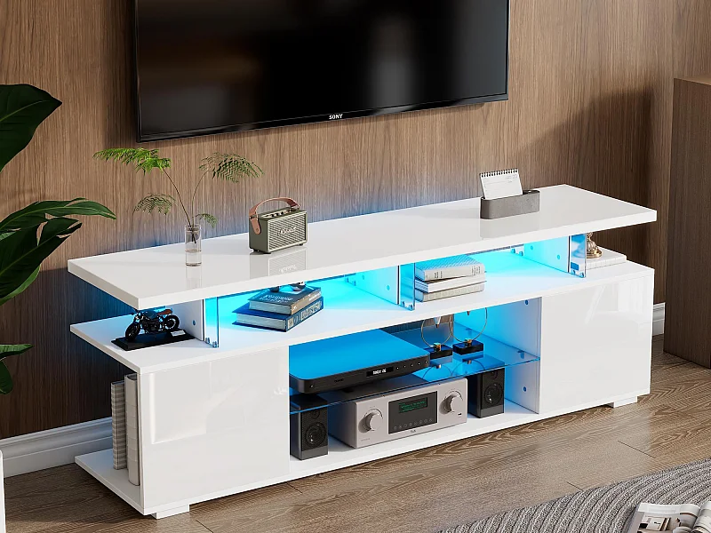 Mebel TV 40x150x53cm - z oświetleniem LED - półki - na telewizor 60" - biały