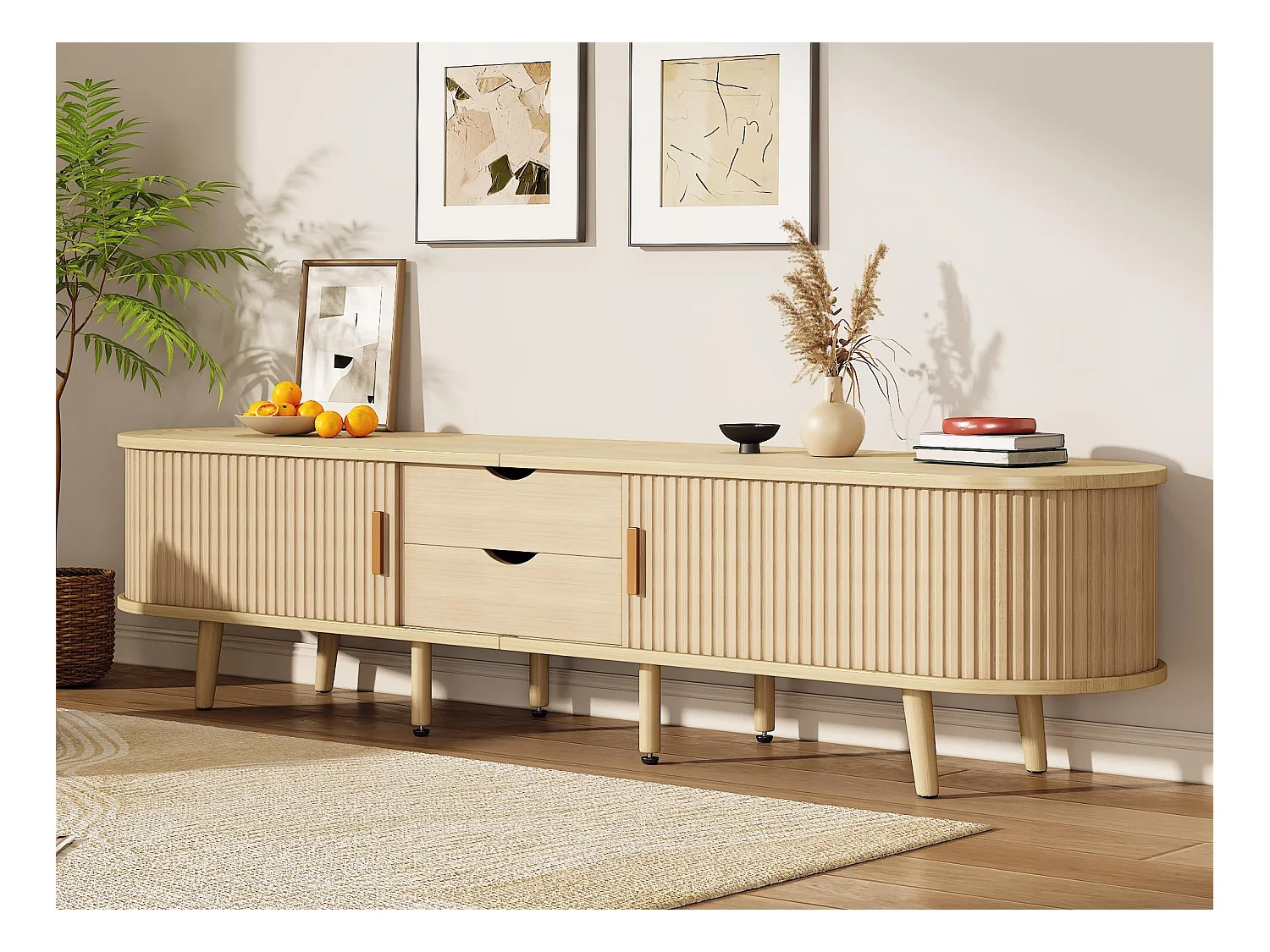 Meuble TV 175x40x42 cm - avec 2 tiroirs - avec 2 portes coulissantes - naturel