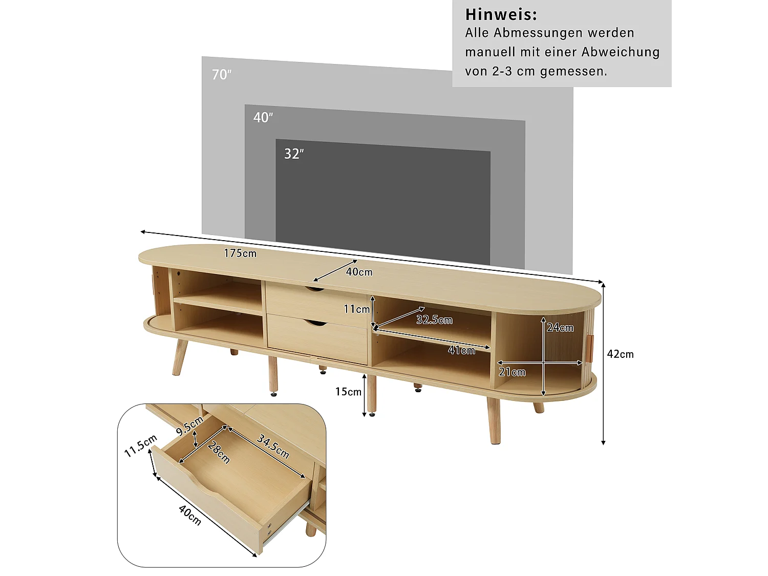 Meuble TV 175x40x42 cm - avec 2 tiroirs - avec 2 portes coulissantes - naturel