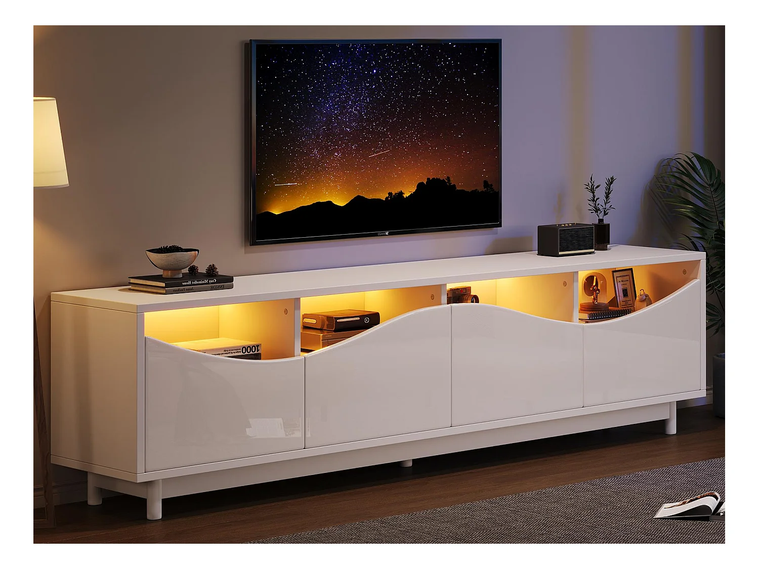 Meuble TV 175x38x51cm - avec 2 portes - portes en verre trempé - éclairage LED - Blanc